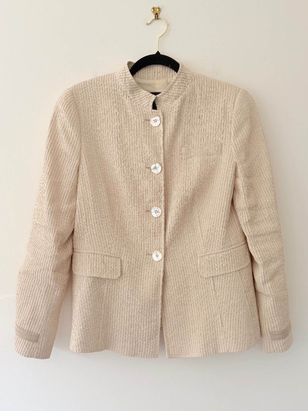 Emporio Armani Silk Linen Striped Blazer Stand Up Collar Tan Pocket Cuff Detail
